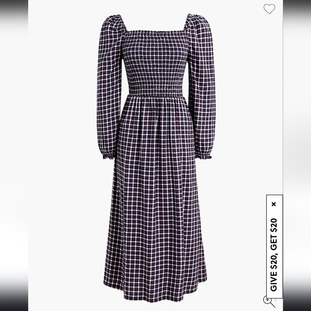 J.Crew Factory Flannel Smocked Midi Dress XS Navy/Red/White Check (NWOT)